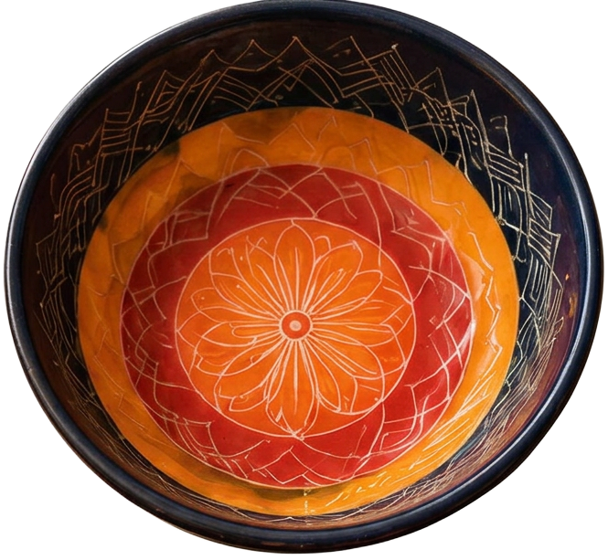 Cuenco UGA negro con flor naranja esgrafiada