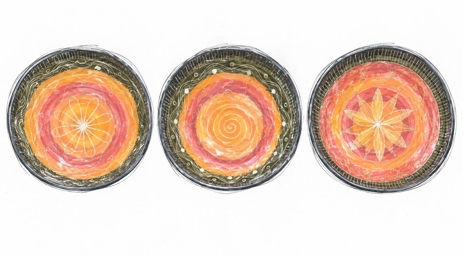 Croquis a color de tres bowls UGA con degradé en naranja, rojo y verde