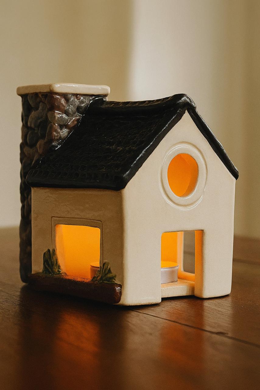 Casita de cerámica artesanal UGA iluminada, objeto de autor hecho a mano