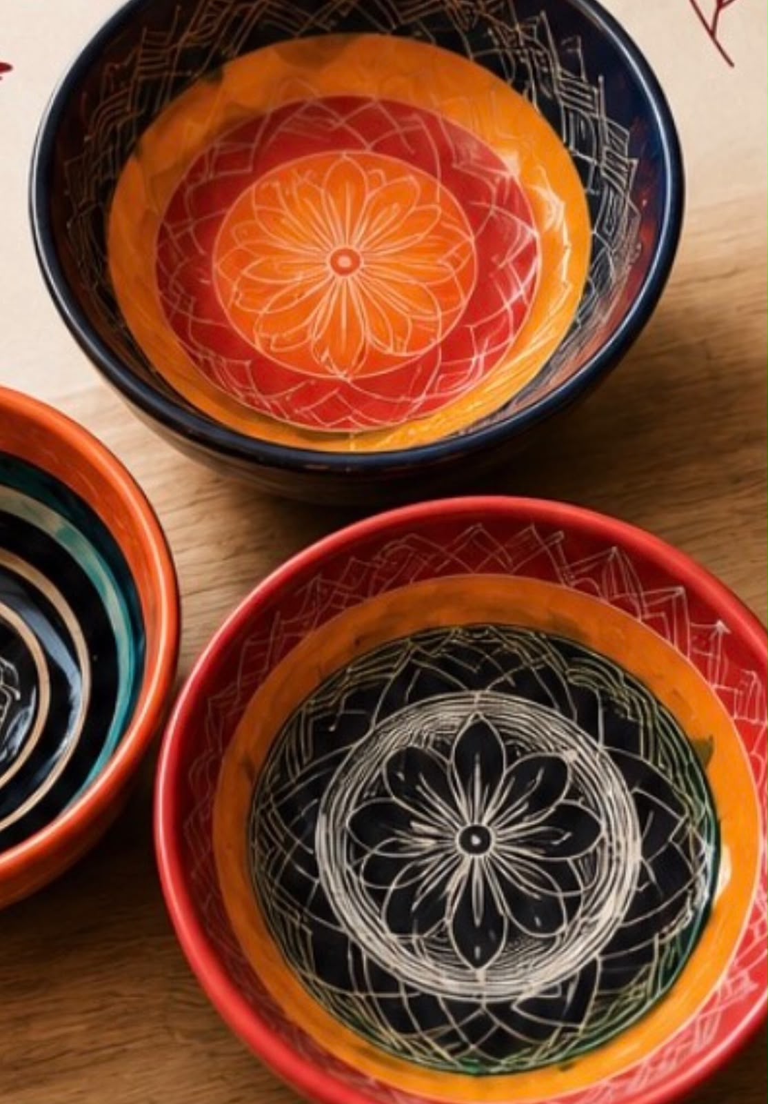 Cuencos artesanales UGA de cerámica de autor con esgrafiado en rojo, naranja, azul y negro