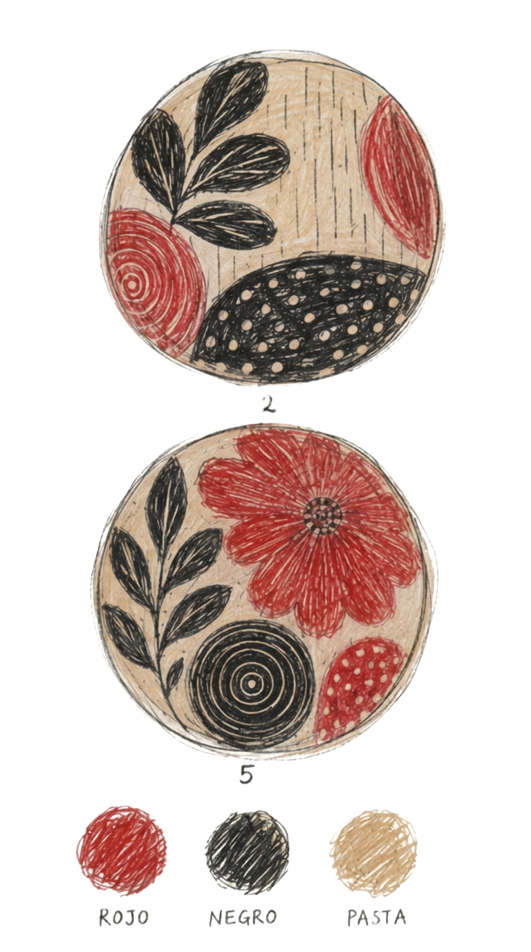 Croquis de diseños circulares UGA con muestras de color rojo, negro y pasta