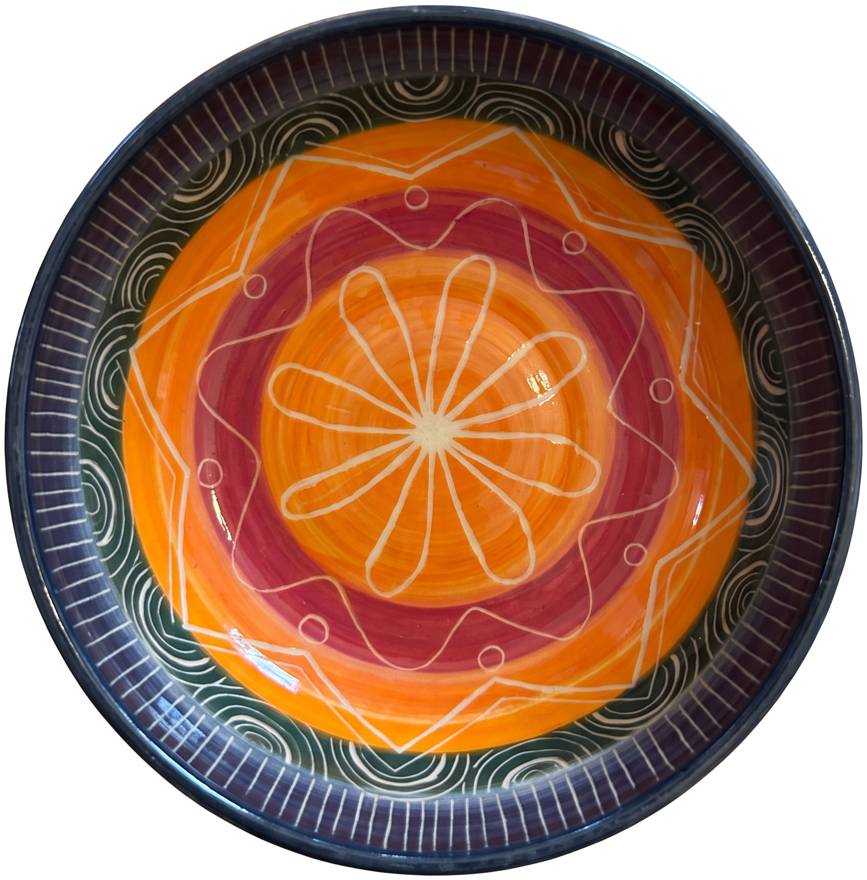 Cuenco UGA azul oscuro con flor naranja esgrafiada