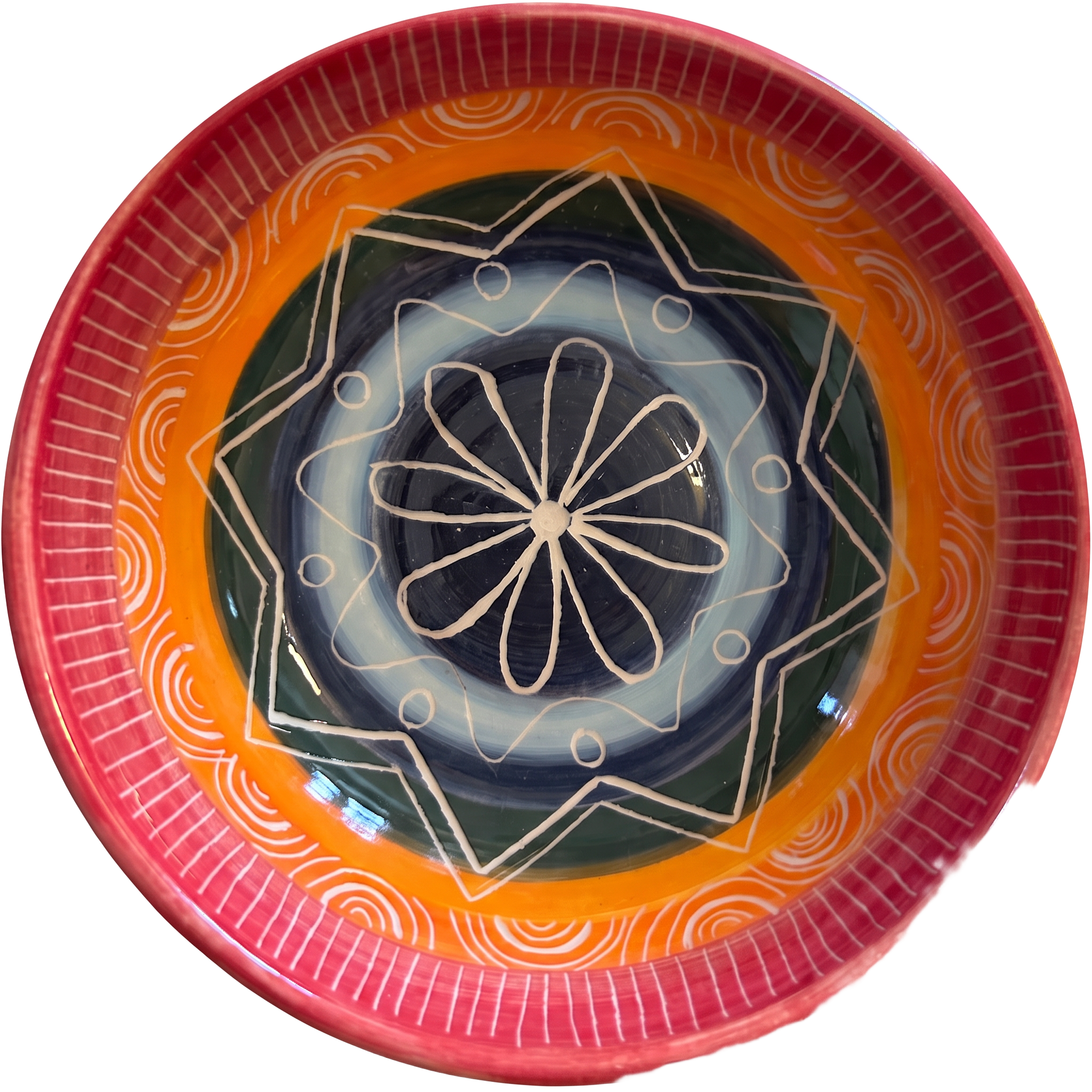 Cuenco UGA rojo y naranja con flor esgrafiada